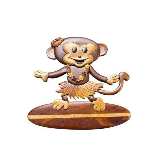 Hawaiian Monkey Hula Girl Big SurfBoard Handcrafted Wood Wall Hanging Art NWOT - Picture 1 of 6
